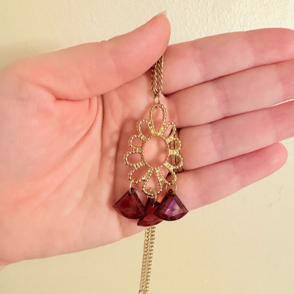 Gold Flower With Dangling Ruby Beads Statement Ne… - image 1